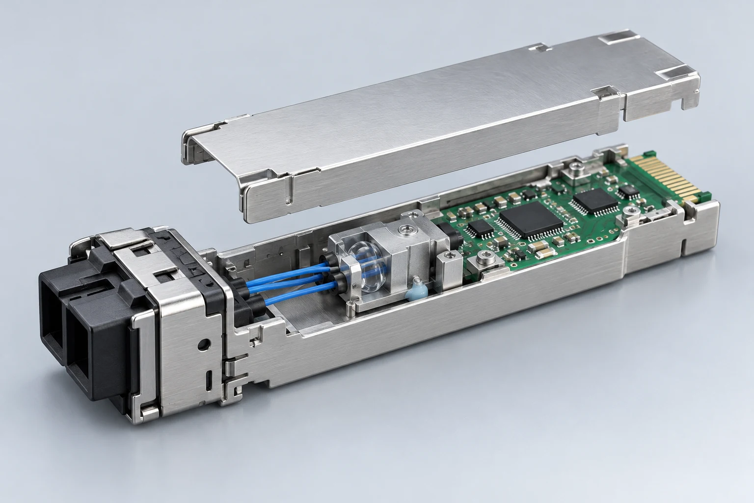 Application illustration of fibre and optical-component fixation with electronic boards